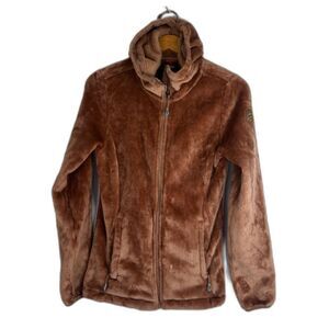 Gerry Brown Fuzzy Hooded Full Zip Sweater Jacket Zip Pockets Size Small